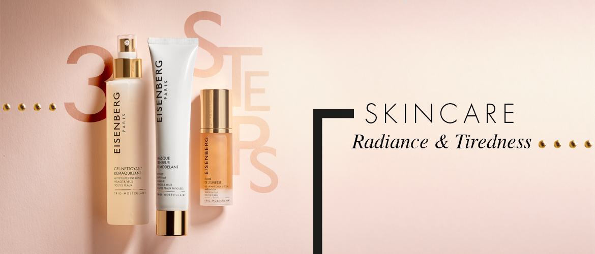 three skincare radiance-boosters for tired skin against a light salmon-colour background with the text 3 steps 