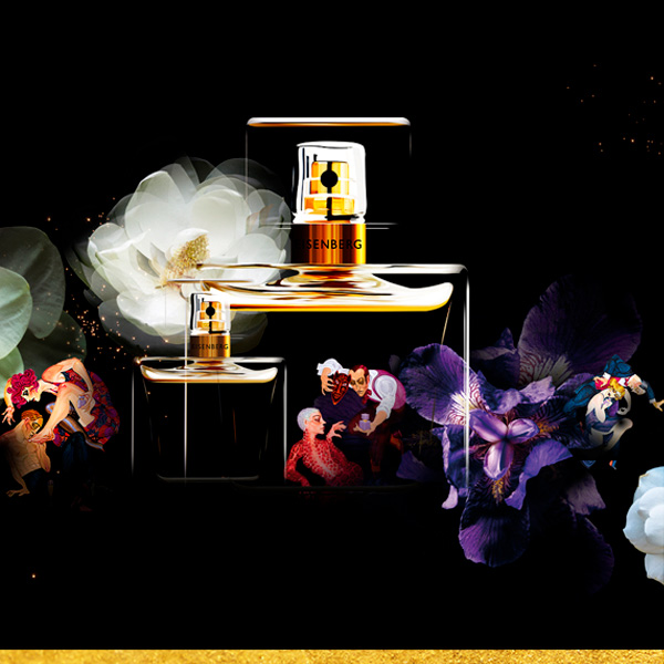 perfumes on a dark and flowery background